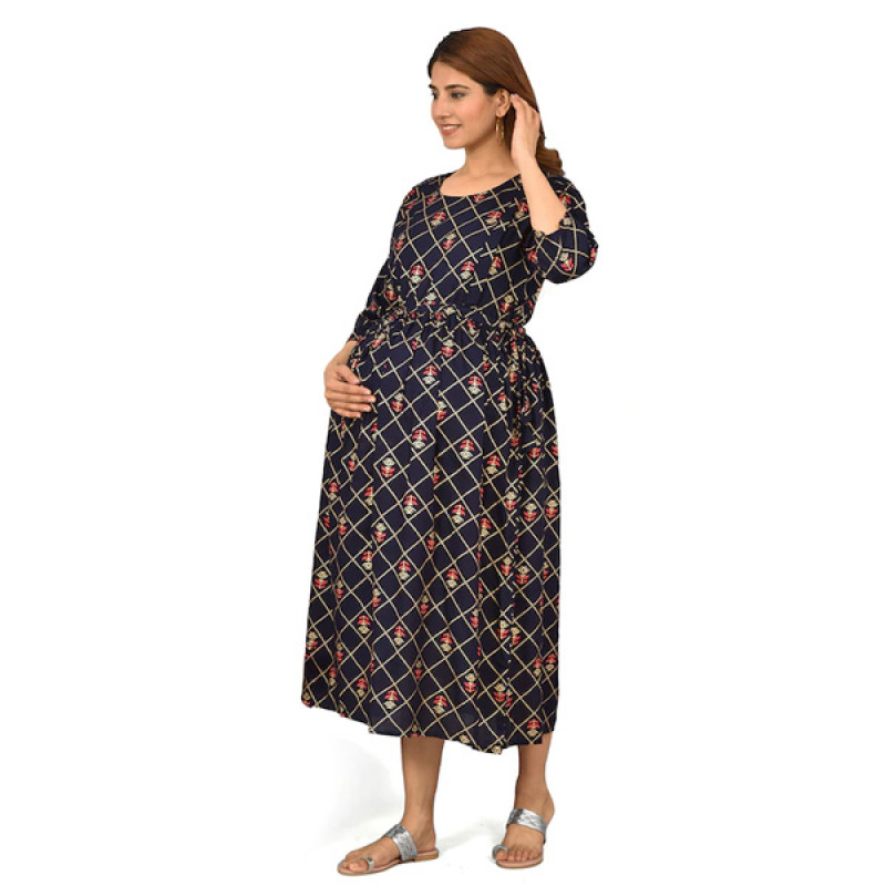 Women Navy Blue Maternity A-Line Midi Dress