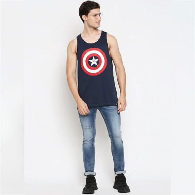 Men Navy Blue & Red Captain America Logo Printed Pure Cotton Tank Innerwear Vest