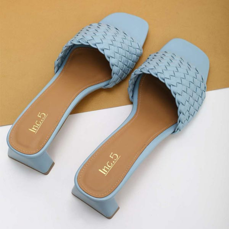 Women Blue Basket Weave Block Heel Sandals